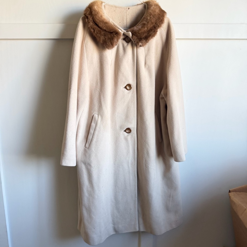 Vintage Cream Wool Trench Coat With Fur Collar Sz 18